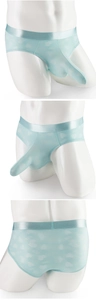 Detail of light blue mesh elephant trunk underwear with heart print and 520 text