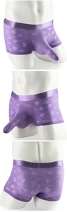 Detailed views of purple mesh boxers featuring a long pouch and 520 heart pattern