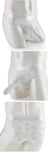 Detailed views of men's white jacquard briefs featuring heart print and ergonomic long pouch