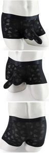 Macro detail of men's sheer heart print boxers featuring an elongated pouch design