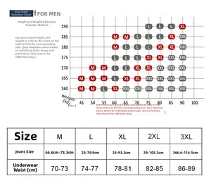 Detailed size chart for men heart jacquard boxer briefs from M to 3XL with measurements