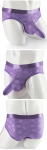 Three views of men's purple mesh briefs with heart patterns and unique separation pouch