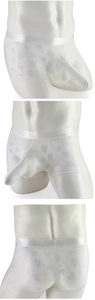 Detail of white mesh heart pattern boxer briefs with elephant trunk pouch design