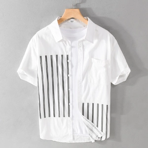 Men Casual Short Sleeve Lapel Shirt Cotton Striped Patchwork Loose Thin Top Summer Fashion Button Down Shirt With Pocket