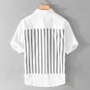 Men's casual short sleeve shirt featuring a white front and striped patchwork back panel