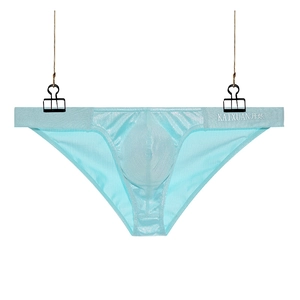 Men's low-rise light blue ice silk mesh bikini underwear with U-convex pouch design