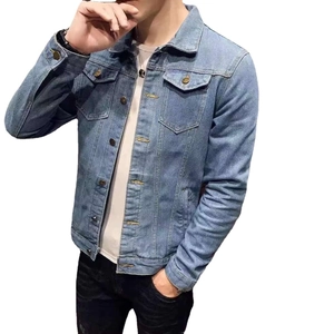 Men's loose light blue wash denim jacket with classic lapel and buttoned pockets