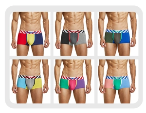 Detail showing various color contrast low rise knit boxer briefs for men with elastic waistband