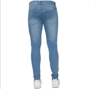 Rear view of men's slim fit light blue washed denim jeans with classic back pockets