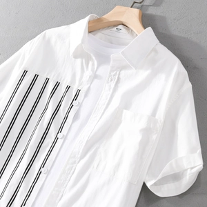 Men's casual loose white short sleeve polo shirt with vertical black stripes detail