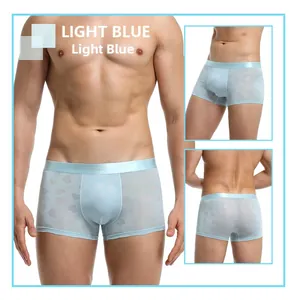 Three views of light blue heart and 520 print boxer briefs with shiny waistband