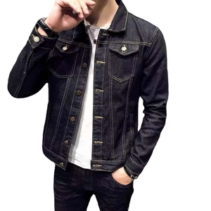 Men's loose denim jacket with contrast stitching and flap pockets in dark blue finish