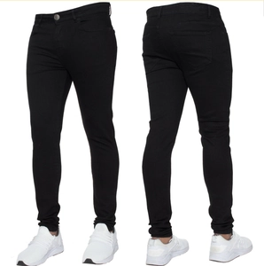 Front and back view of men's skinny black denim jeans with slim fit and classic five-pocket design
