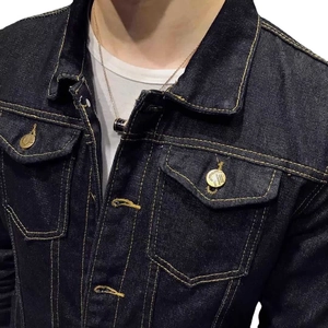 Classic loose fit dark denim jacket for men featuring contrast stitching and metal buttons