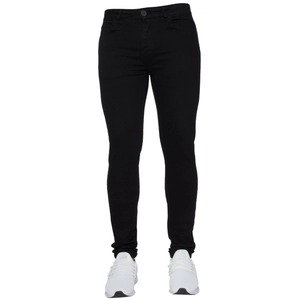 Detail view of black skinny denim jeans featuring a classic five-pocket design and button fly