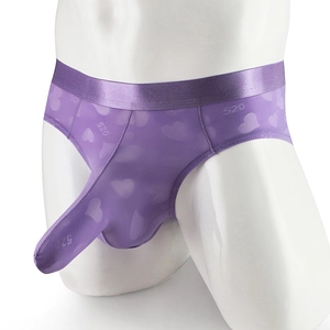 Men's purple jacquard briefs featuring elephant trunk pouch and 520 heart pattern