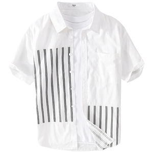 Men's casual loose short sleeve shirt with asymmetric vertical black stripes on white