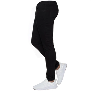 Side view of men's slim fit black denim jeans with five-pocket styling and classic cut