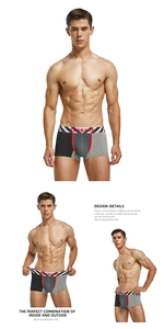 Detail view of men's low-waist boxer briefs with color-block knit panels and striped waistband