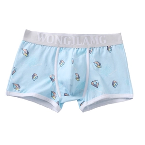 Men's breathable light blue boxer briefs with geometric diamond print and elastic waistband