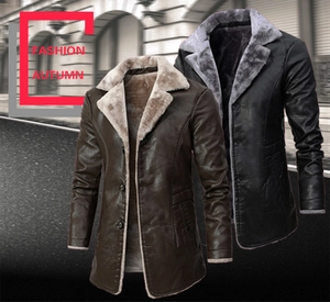 Détail du manteau d'hiver pour homme en simili cuir avec col épais en fausse fourrure et doublure