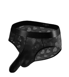 Men's black mesh briefs with 520 heart print and ergonomic dual pouch design