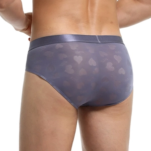 Men's purple knit briefs with heart and 520 jacquard pattern shown from a back view