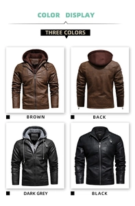 Detail view of men's hooded PU leather jackets in brown, dark grey and black colors
