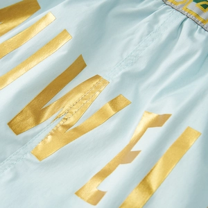 Macro shot of light blue athletic shorts showing golden Loewe logo and silk texture