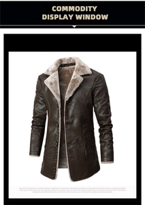 Détail du manteau en cuir PU marron pour hommes avec col en shearling et boutons