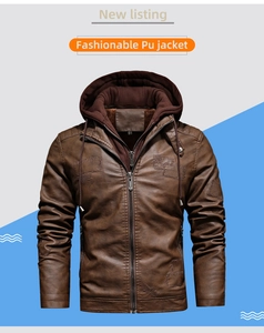 Detail of men's brown PU leather jacket featuring a detachable hood and vintage patches
