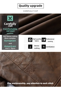 Detail of premium brown PU leather jacket showing grain texture and professional stitching