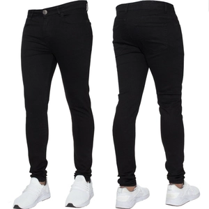 Slim fit black denim jeans for men showing front and back views on white background