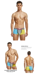 Detailed front and back views of low-rise color-block men's trunks with striped waistband