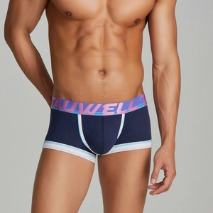 Men's low-rise contrast boxer briefs in navy blue with elastic stripe waistband