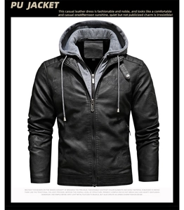 Close-up of men's black PU leather jacket featuring grey hood and diamond pattern texture