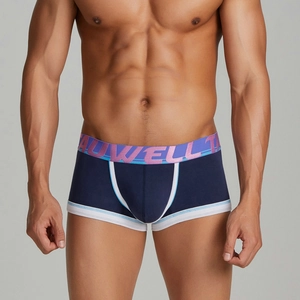 Detail of men's low-waisted boxer briefs featuring contrast edging and gradient waistband