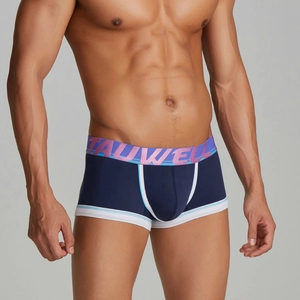 Close-up detail of low-rise boxers featuring contrast stitching and a branded elastic waistband
