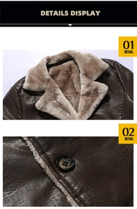 Détail de la veste en cuir marron pour homme avec grand col à revers et doublure polaire