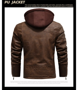 Rear view of brown PU leather jacket with detachable hood and stitch details