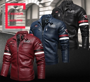 Close-up of racing-style PU leather jackets in burgundy, navy, and black with embroidered patches