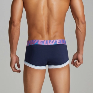 Rear view of men's low-rise boxer briefs with lettered waistband and contrast piping