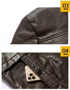 Détail d'une veste en cuir marron foncé avec poche à bouton et coutures de qualité