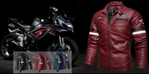 Racing style faux leather jacket detail featuring stripes and multiple zipper pockets