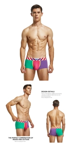 Three-way view of men's low rise boxer briefs featuring bold multi-color patchwork design