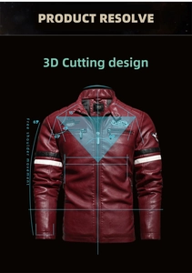 Detail of burgundy leather jacket with 3D tailoring, racing patches and striped sleeves