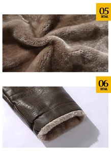 Vue détaillée de la doublure en peluche épaisse et du cuir de ce manteau pour hommes
