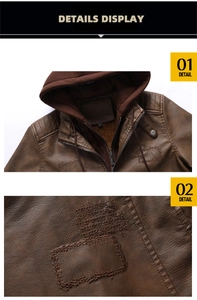 Macro view of brown PU leather jacket featuring embroidered patch and quilted shoulders