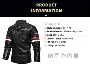 Detailed size chart and specifications for men's black PU leather motorcycle jacket