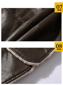 Détails de la veste en cuir marron foncé avec doublure en fausse fourrure et surpiqûres